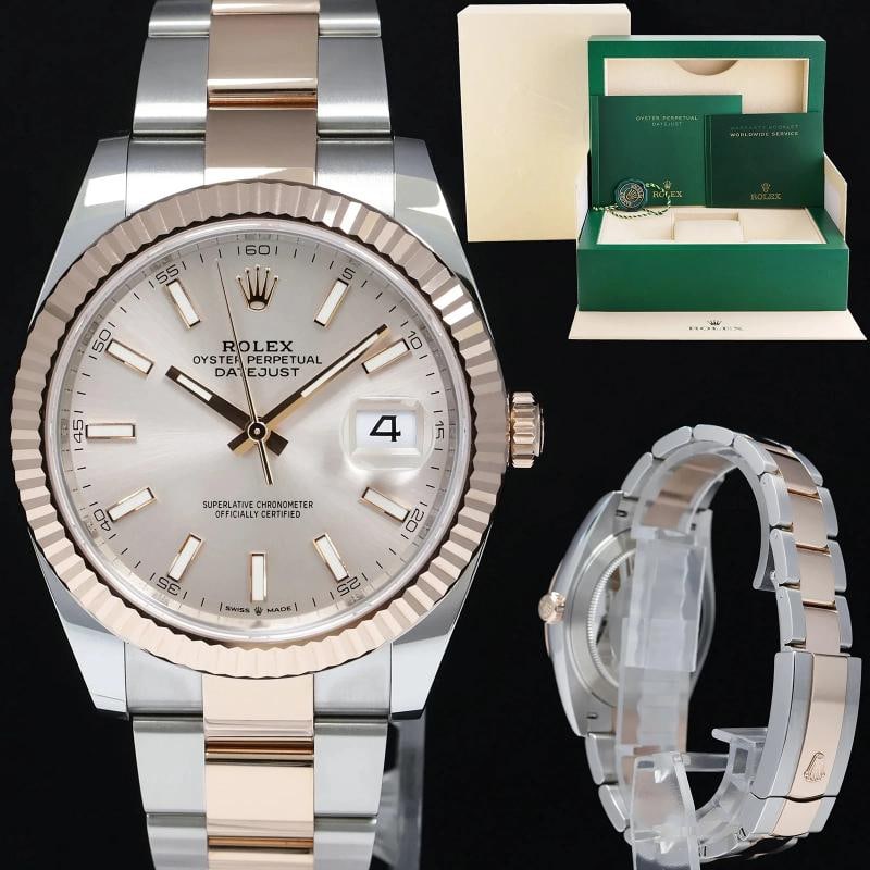 MINT 2023 Rolex DateJust 41 126331 Sundust Everose Gold 18k Two-Tone Oyster: Case & Dial Case Material: Rolex Two-Tone Rose Gold Case Size: 41mm Bezel: Rolex Rose Gold Fluted Crystal: Rolex Sapphire Dial: Rolex Sundust Movement & Bracelet Movement: Rolex Automatic Bracelet