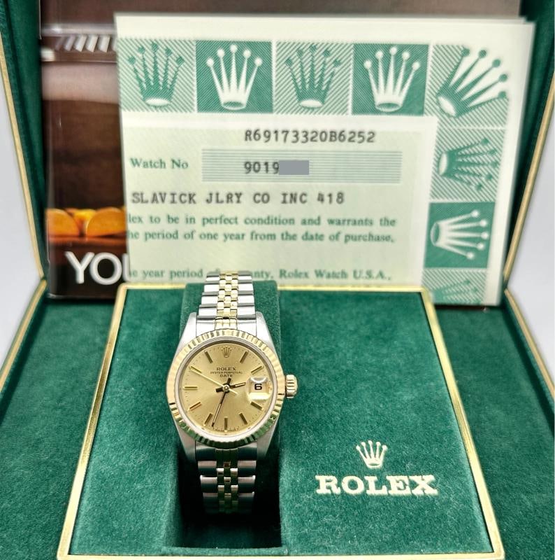 Rolex Ladies Date 69173 Champagne Dial 18k Yellow Gold Stainless Steel Box Paper: Condition: Pre-owned - Excellent,Bezel Color: Gold, Yellow,Year Manufactured: 1980-1989,Band/Strap: Rolex Jubilee,Case Color: Silver,Department: Women,Bezel Type: Fluted,Watch Shape: Round,Style: Casu