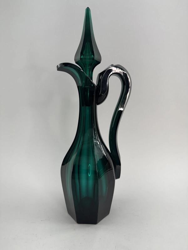 Antique 1860s Bohemian Large Green Glass Ewer, Rare Color, 7 Sided: Height to the top of the stopper 16 inches. Height to the top of the pouring lip 12 inches. Diameter at the base 3 1/4 inches. . Condition: Used: An item that has been used previously. The item may