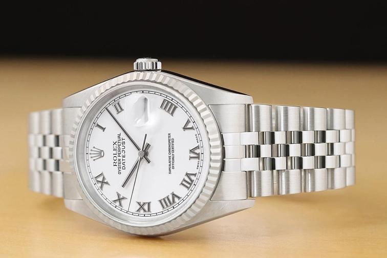 ROLEX MENS DATEJUST 16234 18K WHITE GOLD STEEL WHITE ROMAN DIAL JUBILEE WATCH - 2