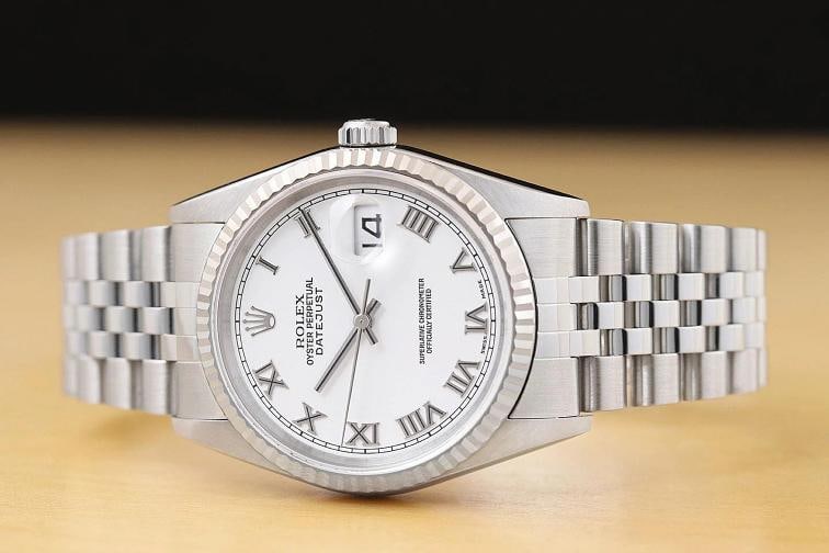 ROLEX MENS DATEJUST 16234 18K WHITE GOLD STEEL WHITE ROMAN DIAL JUBILEE WATCH - 3