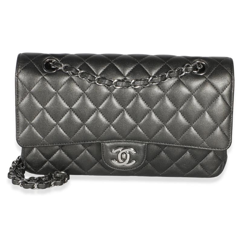 Chanel Metallic Grey Quilted Lambskin Medium Classic Double Flap Bag: Condition: Pre-owned - Good,Dimensions: 9.75 x 5.75 x 2.5,Handbag Accessories: Box;Dustbag;Receipt;Gift Ribbon;Felt Protector,Bag Width: 9.75 in,Bag Depth: 2.5 in,Bag Height: 5.75 in,Department: