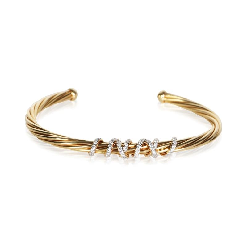 David Yurman Yellow Gold Diamond Helena Bracelet: Condition: Pre-owned - Good,Shape: Round Brilliant,Item Length: 6.75 in,Clasp/Buckle Type: No Clasp,Side Stone Type: Diamond,Side Stone Weight (cts): 0.51,Metal Purity: 18k,With Original