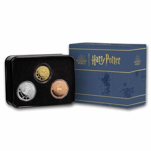 Harry Potter 1 oz Gold, Silver and Copper 3-Coin Proof Set: Brand: 9Fine Mint,MPN: 292036,Year: N/A,Fineness: 0.999,Denomination: N/A,Circulated/Uncirculated: Proof,Certification: Uncertified,Country of Origin: United States