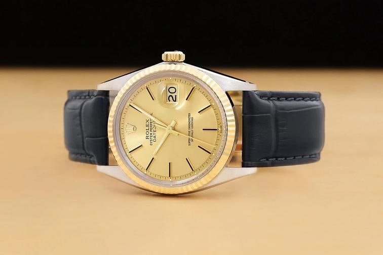 ROLEX MENS DATEJUST 1601 CHAMPAGNE DIAL14K GOLD STEEL BLUE LEATHER BAND WATCH - 3