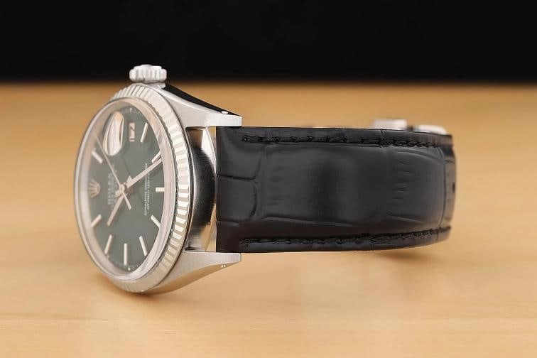 ROLEX DATEJUST 1601 GREEN DIAL 18K WHITE GOLD STEEL BLACK LEATHER BAND WATCH - 4