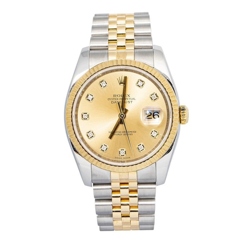 Rolex Datejust 116233 Jubilee 18K YG Two Tone Champagne Diamonds Auto 36mm: Case Size 36mm Wrist Fit 7 inches Box No Papers No Condition Ã¢â‚¬â€ Excellent Full Specifications SKU Rolex#4087 Brand Rolex Model Datejust Reference 116233