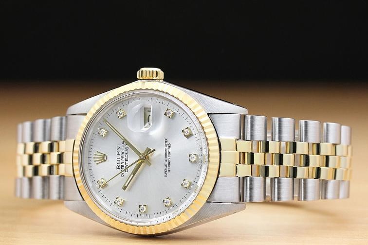 ROLEX MENS DATEJUST FACTORY DIAMOND 18K YELLOW GOLD STAINLESS STEEL SILVER WATCH - 2