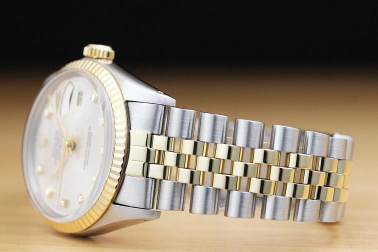 ROLEX MENS DATEJUST FACTORY DIAMOND 18K YELLOW GOLD STAINLESS STEEL SILVER WATCH - 4