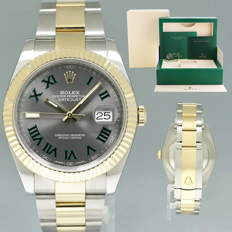 2021 MINT Rolex 126333 DateJust 41 Two Tone Gold Wimbledon Oyster Watch Box: Case & Dial Case Material: Rolex Two-Tone Yellow Gold & Stainless Steel Case Size: 41mm Bezel: Rolex Yellow Gold Fluted Crystal: Rolex Sapphire Dial: Rolex Wimbledon Movement & Bracelet Movement: Role