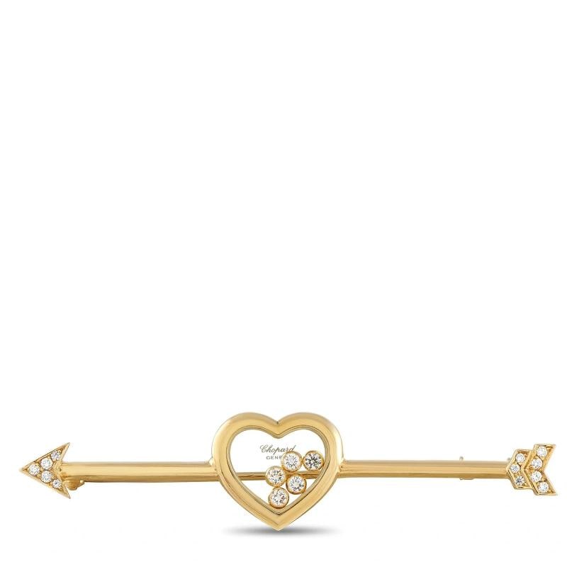 Chopard 18K Yellow Gold Diamond Heart Arrow Brooch: measures approximately 2.63 x 0.63 inches. Condition: Pre-owned - Good: This item has been gently used but is in good condition. It might have a few signs ... Read moreabout the conditionPre-owned -