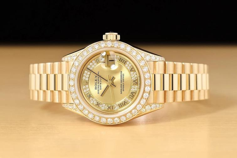 ROLEX PRESIDENT 69178 CHAMPAGNE ROMAN FACTORY MYRIAD DIAMOND 18K GOLD WATCH - 3