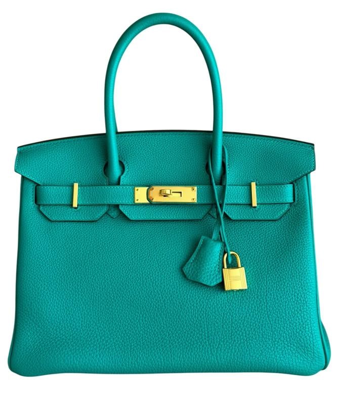 Hermes Birkin 30 Vert Verone Green Togo Leather Gold Hardware Rare: 9"H x 12"W x 6"D. Condition: Pre-owned - Excellent,Bag Width: 12 in,Shape: Square,Closure: Turn Lock,Handle/Strap Color: Green,Occasion: Satchel/Top Handle Bag,Size: 30cm,Hardware Color: Gold,Bag