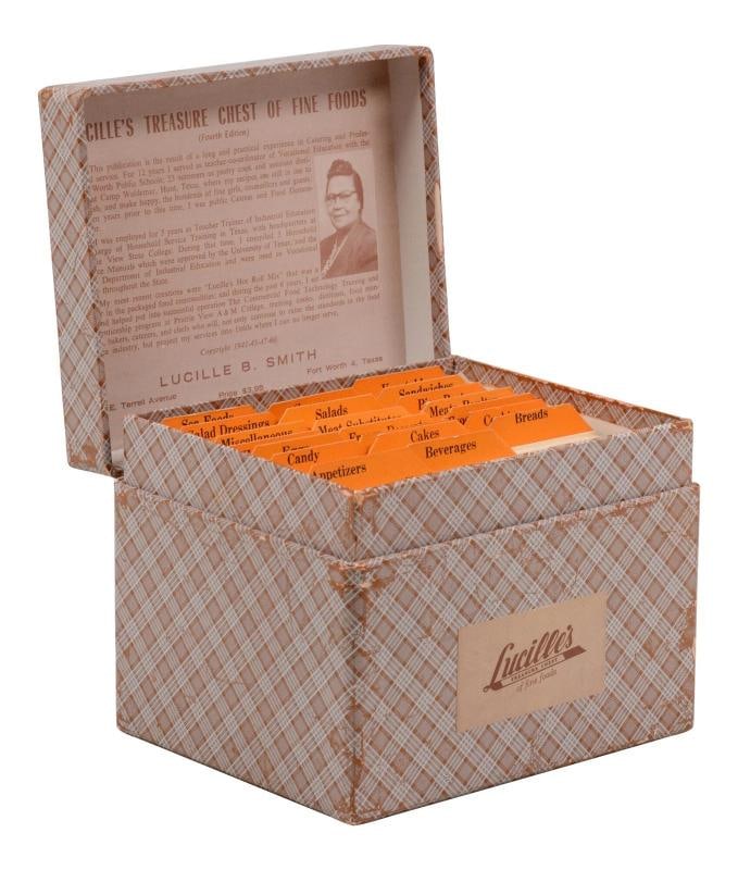 Lucille's Treasure Chest of Fine Foods 1960 ~ 4th Edition ~ LUCILLE B. SMITH: Fourth edition Fort Worth, TX: [Self Published], 1960. Fourth edition. Loose index recipe cards housed in publisher's original flip-top box. Near Fine with wear to box, with some fraying and chipping 