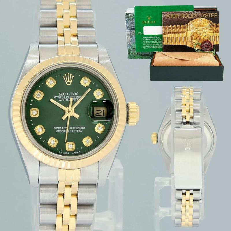 MINT GREEN DIAMOND Ladies Rolex 69173 DateJust 26mm Two Tone Gold Jubilee Watch: Case & Dial Case Material: Rolex Two-Tone Yellow Gold & Stainless Steel Case Size: 26mm Bezel: Rolex Yellow Gold Fluted Crystal: Rolex Sapphire Dial: Custom Green Diamond Movement & Bracelet