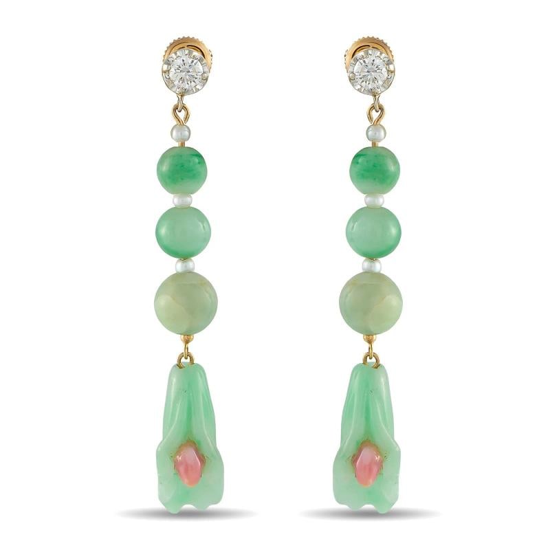 0.50ct Diamond, Conch Pearl, and Jade Earrings: measures 2.25 long by 0.32 wide.. Condition: Pre-owned - Good: This item has been gently used but is in good condition. It might have a few signs ... Read moreabout the conditionPre-owned - Good: