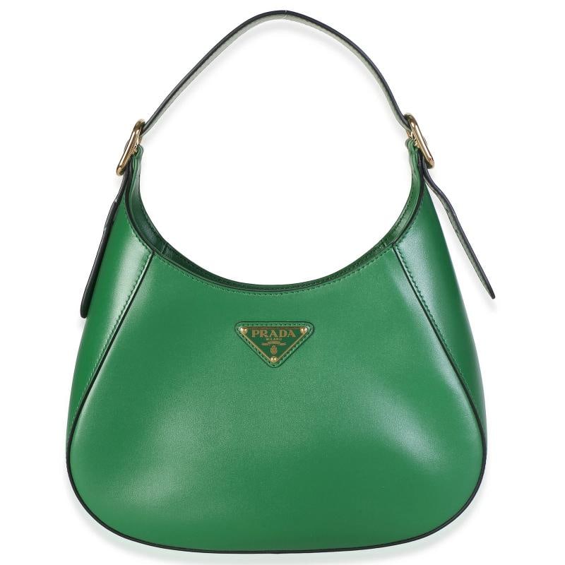 Prada Green Box Calf Shoulder Bag: Condition: Pre-owned - Good,Dimensions: 10.25 x 10 x 1.75,Handbag Accessories: Dustbag;Care Booklet,Bag Width: 10.25 in,Bag Depth: 1.75 in,Bag Height: 10 in,Department: Unisex,Style: Hobo,Material: