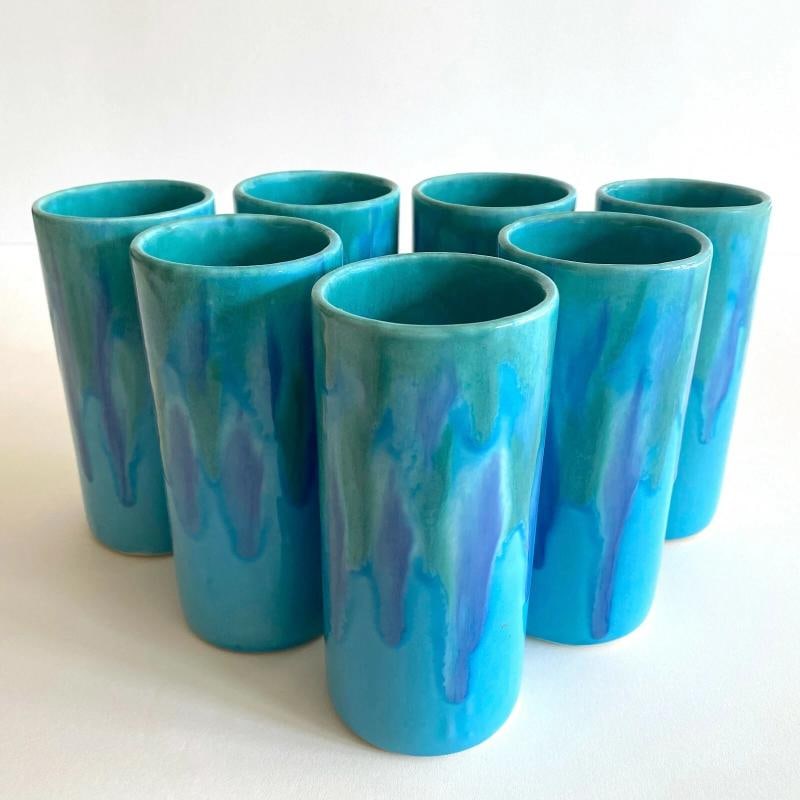 MID CENTURY MODERN DRYDEN STUDIO ART POTTERY DRIP GLAZE TUMBLER CUPS - SET OF 7 - 4