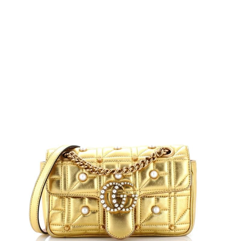 Gucci Pearly GG Marmont Flap Bag Embellished Matelasse Leather Mini: Measurements: Handle Drop 11.5", Height 5", Width 8", Depth 2.5", Strap Drop 21" . Condition: Pre-owned - Excellent,Brand: Gucci,Exterior Material: Leather,Style: Shoulder Bags,Exterior Color: