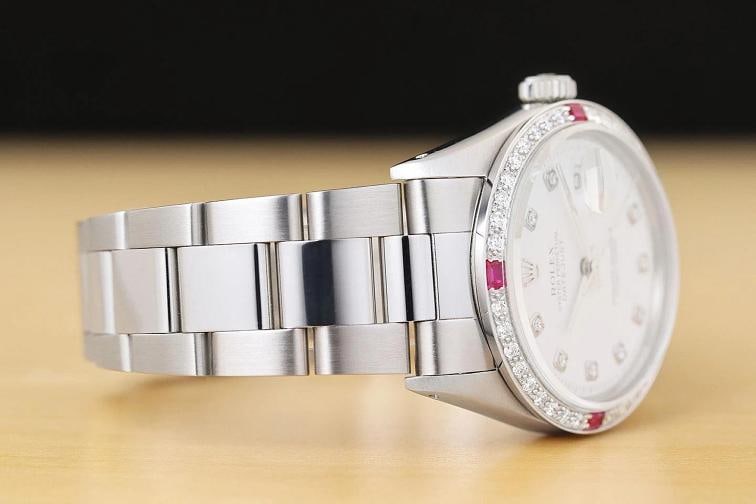 ROLEX MENS DATEJUST WHITE DIAL DIAMOND RUBY 18K GOLD STEEL WATCH w/ OYSTER BAND - 7