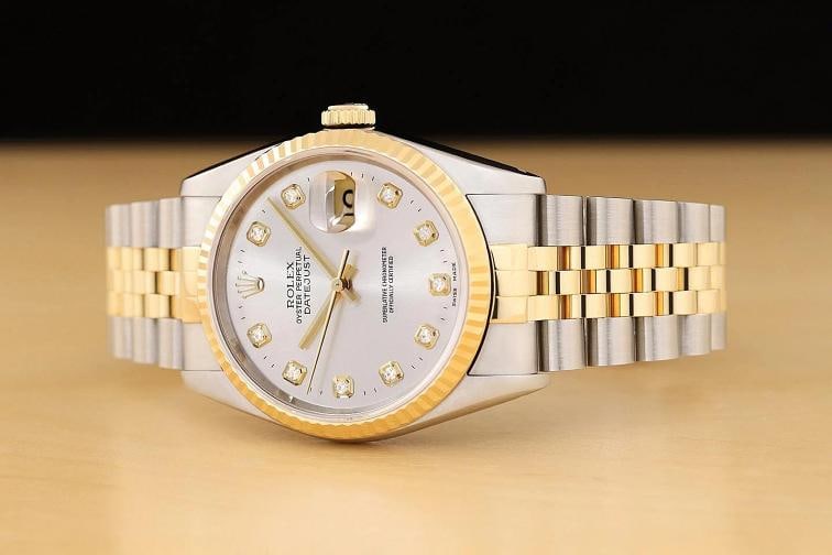 ROLEX DATEJUST 16233 18K GOLD STEEL TWO TONE SILVER FACTORY DIAMOND DIAL WATCH - 2