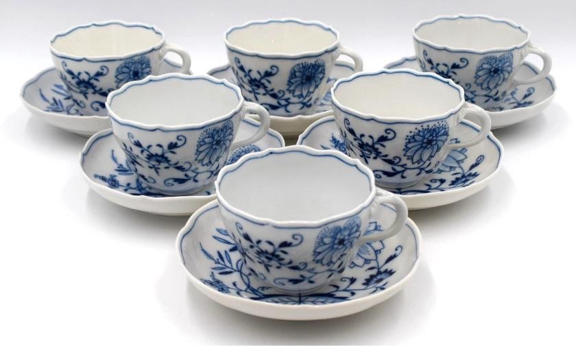 Set of 6 Vintage Meissen Blue Onion Cups & Saucers - Hand Painted: Measurements: Cup 2 1/2" high by 4 1/8" rim to handle wide. Saucer 5 1/2" diameter by 1 1/4" deep. . Condition: Used,Brand: Meissen,Type: Cup & Saucer,Care Instructions: Hand Wash Only,Color: Blue,The