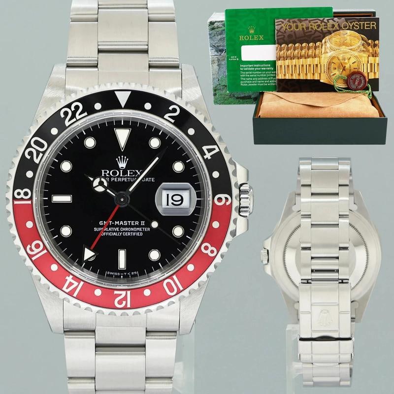 1998 MINT Rolex Coke 16710 GMT-Master II Tritium Red Black Steel 40mm Watch Box: Case & Dial Case Material: Rolex Stainless Steel Case Size: 40mm Bezel: Rolex Black and Red Coke Crystal: Rolex Sapphire Dial: Rolex Black Tritium Movement & Bracelet Movement: Rolex Automatic