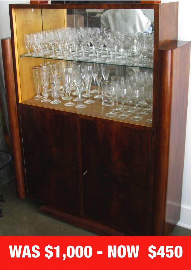 UPRIGHT FRENCH ART DECO BURL WOOD SIDEBOARD WITH MIRROR (1 of 10)