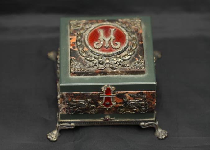 Alexeievich Afanasiev Faberge box with diamonds: Alexeievich Afanasiev Faberge box with diamonds and precious stones believed to be rubies box made of silver and stone, bottom of box marked with the Faberge mark "?A" "A?C 1896" "84" measuring 4.25"x