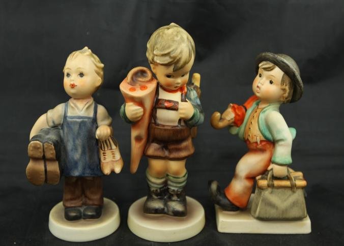 Goebel TMK-3 hummels: Boots, Merry wanderer, Little: Three Goebel TMK-3 hummels incl Boots #143/0, Merry wanderer #11/0, Little scholar # 80, largest being 5.5"T.