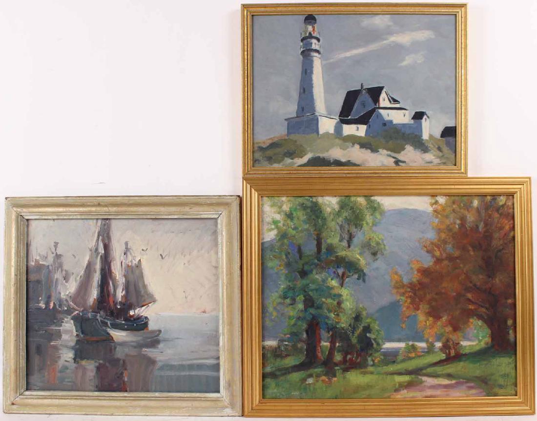 Oil on Board Autumn Landscape: Appears unsigned. Together with oil on board maritime scene depicting boats in a harbor and another oil on board lighthouse scene. 15"h x 19"w