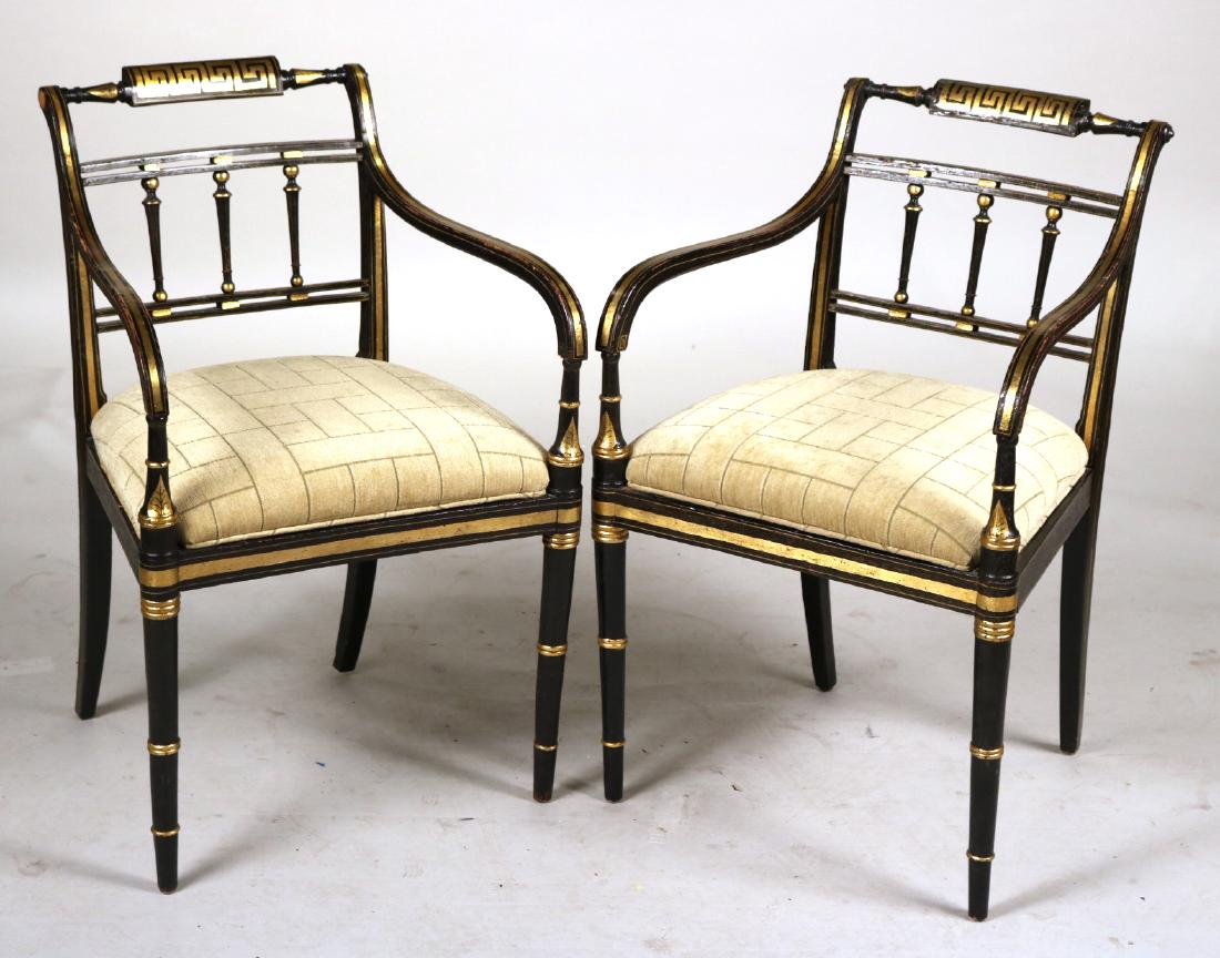 Pair of Edwardian Ebonized Parcel-Gilt Armchairs (1 of 8)