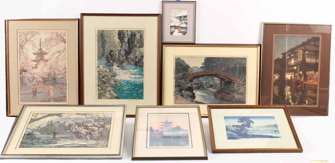 Group of Eight Japanese Woodblock Prints: Comprising: "Fishing for Char," by Shiro Kasamatsu, "Kagurazaka Dori at Night after Rain," by Yoshida Hiroshi, "A Glimpse of Veno Park," by Yoshida Toshi, "Pagoda in Kyoto," Yoshida Toshi, "Snow Cover