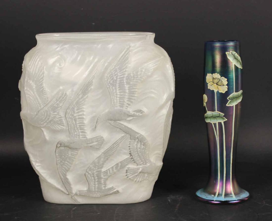 Fritz Heckert Waterlily Art Glass Vase: Together with a white Phoenix vase decorated with seagulls. 10"h