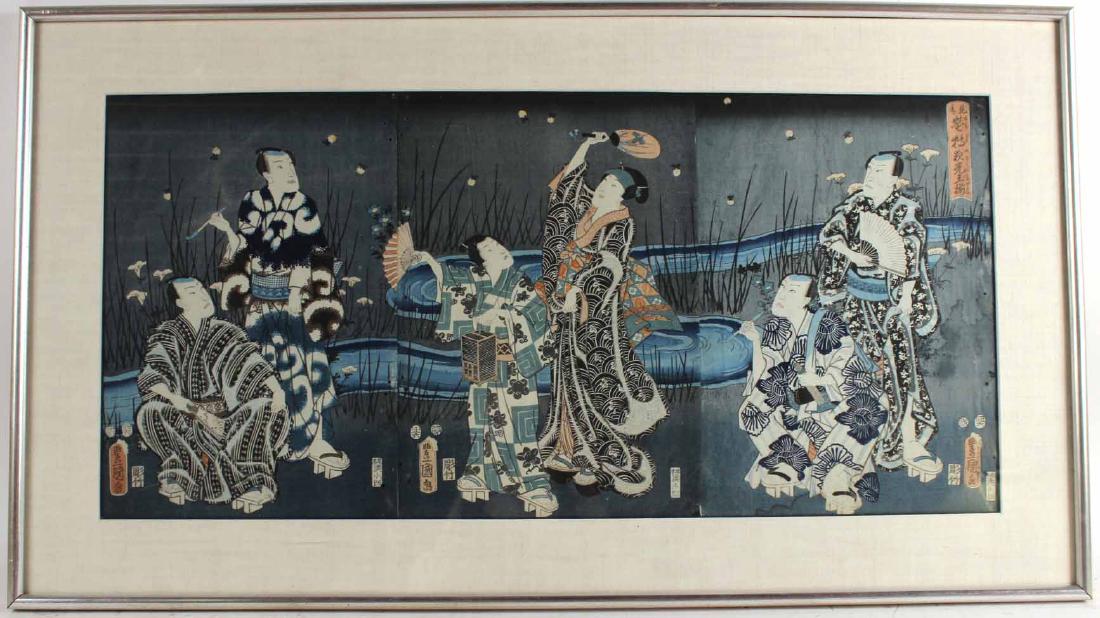 Japanese Triptych Woodblock Print of Figures (1 of 7)
