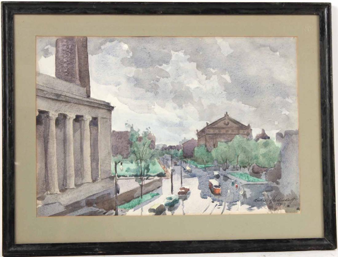 Watercolor on Paper, City Scape, Andrei Hudiakoff: (1895-1985). Signed and dated l.r. 13"h x 19"w