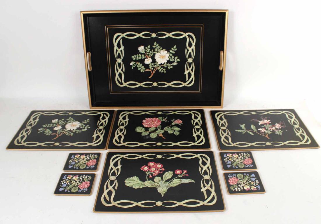 Tiffany & Company Tray, Placemats and Coasters: Designed by Sybil Connolly, made in England. Comprising one cellulose finished double handled tray, four placemats and four coaster. Trauy 22"l x 15 1/2"w