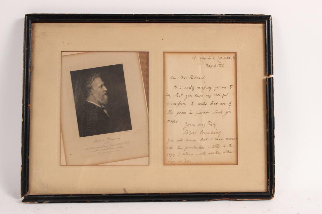 Robert Browning Autograph and Engraving: (English, 1812-1889), "19 Warwick, May 4th '81. Dear Mrs. Hibbard, it is hardly necessary for me to say that you have my cheerful permission to make that use of the poem in question which you desire.