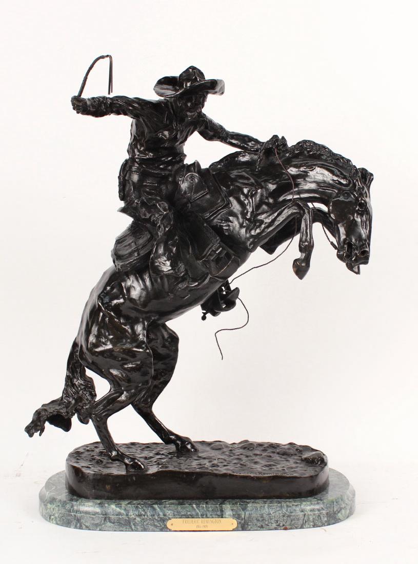 Bronze Sculpture, After Frederic Remington: Titled "Bronco Buster," inscribed "Frederic Remington." Apx. 24"h x 19"w x 10-1/2"d
