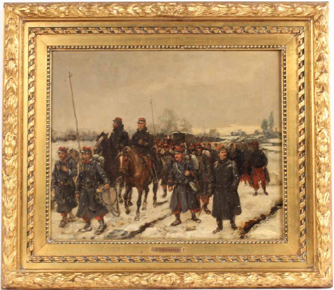 Oil on Canvas, French Militia, Edouard Detaille: (French, 1848-1912), signed l.l. "Edouard Detaille," depicting a French infantry column on winter march with mounted officers and drummers. Sight size: 14-1/2"h x 17-1/4"w. Provenance: Bears label ver