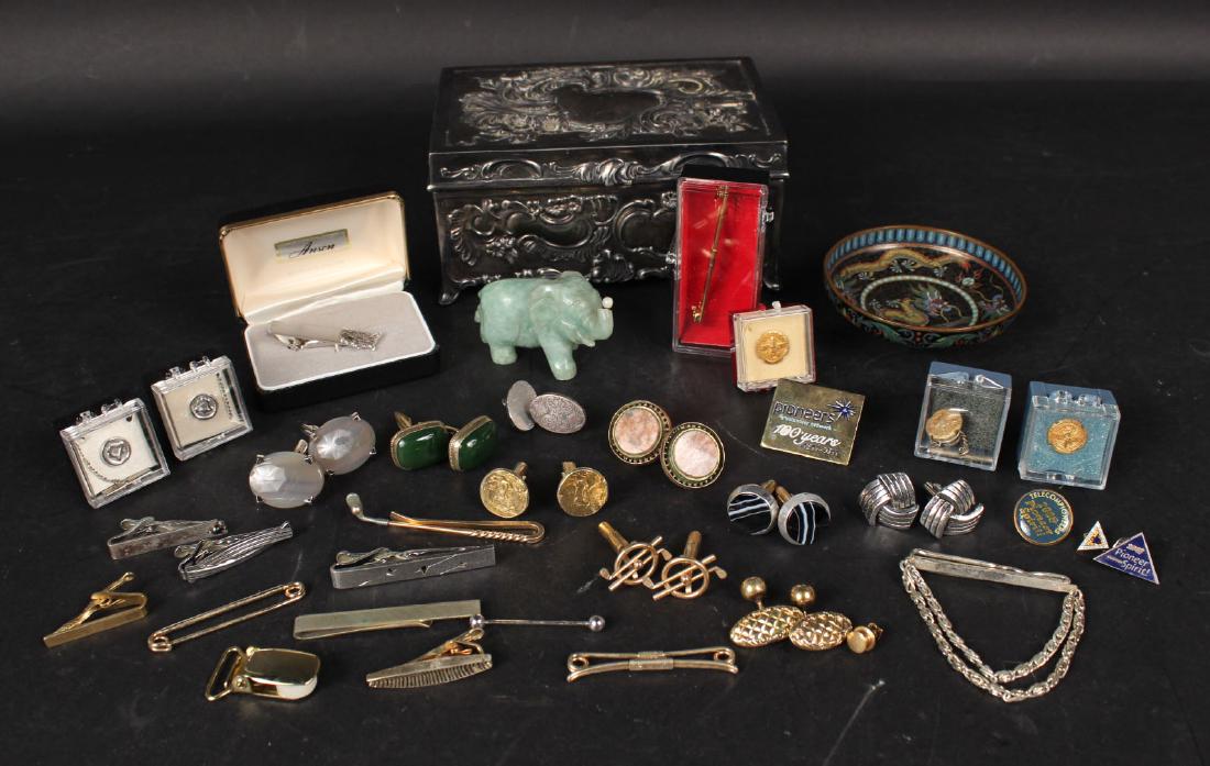 Group of Gentlemen's Jewelry: Including cuff links, and tie bars, together with a small hard stone elephant, cloisonnÃ© dish and hinged silvered metal box. Box, 2-3/4"h x 5-3/4"l x 3-3/4"d