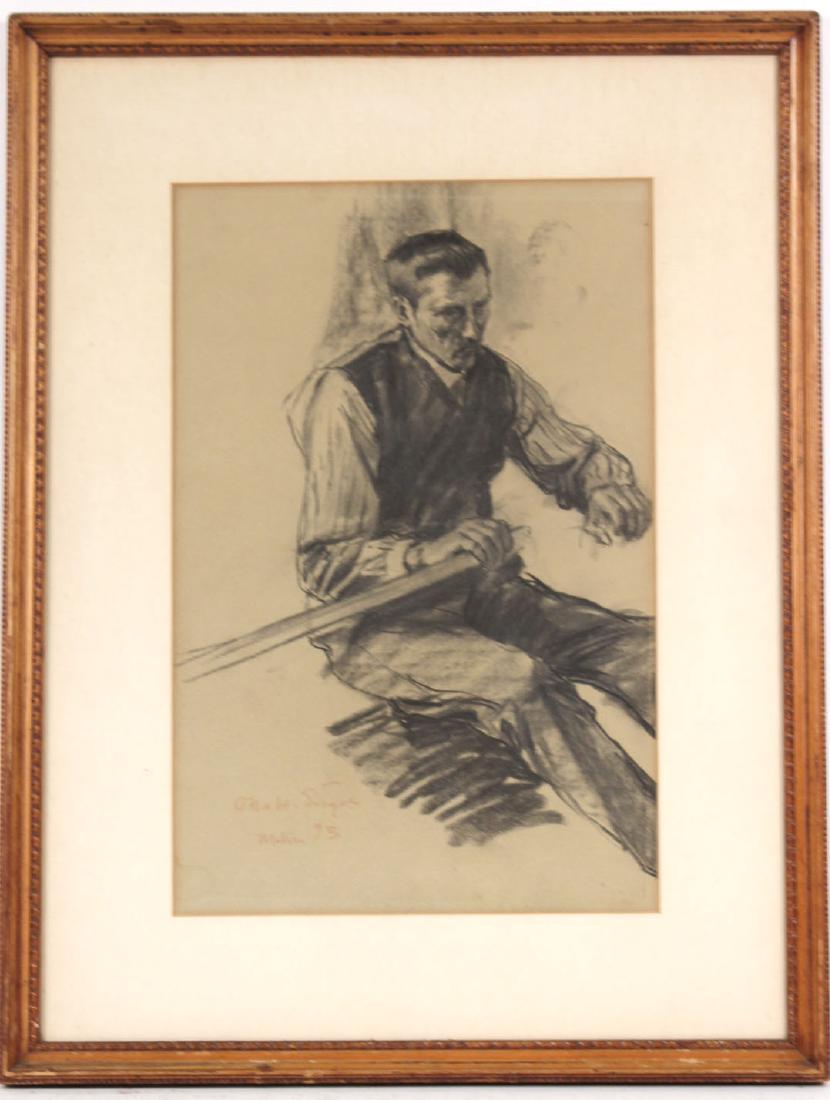 Charcoal on Paper, Seated Man, Otto Engel: Seated man, possibly with oar in hand, signed ll Otto H. Engel (Otto Heinrich Engle, Germany 1866-1949). 17-1/2"h x 11-1/2"w