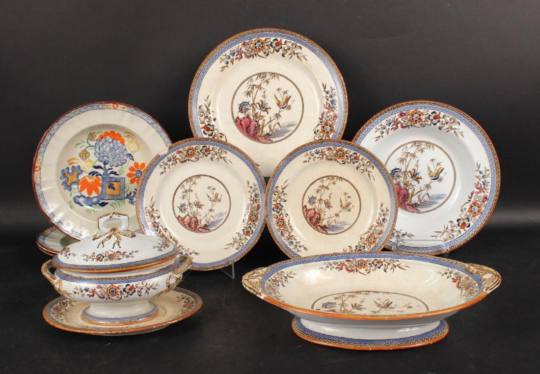 Bates Walker & Co.Bamboo Pattern, Porcelain: Comprising twelve dinner plates, nine rim soup bowls, two luncheon plates, oval footed vegetable bowl, gravy boat and underplate. Together with three Ironstone rim soup bowls, Jardiniere pattern.