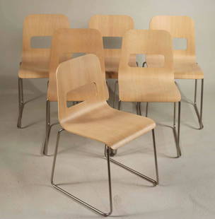 Six Lapalma Hole Dining Chairs: Italian, 20th C., designer, Enzo Berti, labeled underside, blached oak on a metal frame. 30-1/4"h x 17"w x 17"d
