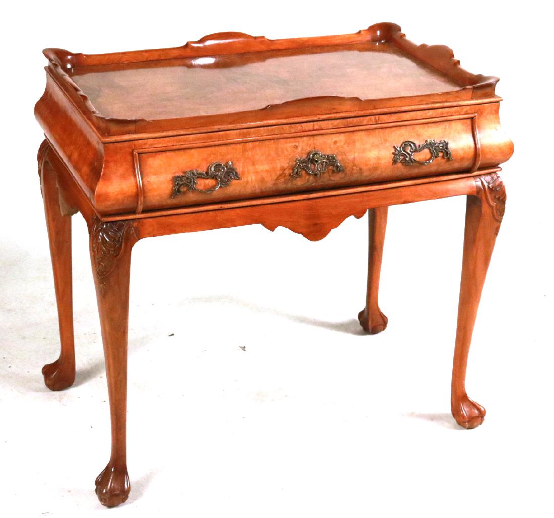 George I Style Burlwood Tray-Top Table: With one drawer. 30-1/2"h x 32-1/2"w x 20-1/2"d