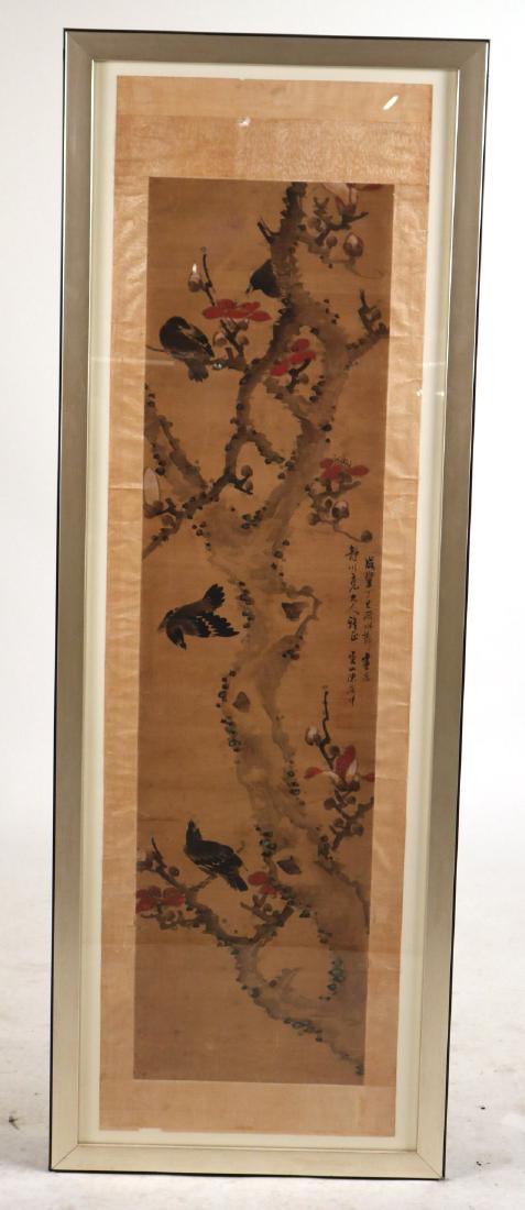 Framed Watercolor on Silk Scroll, Birds in Tree (1 of 8)