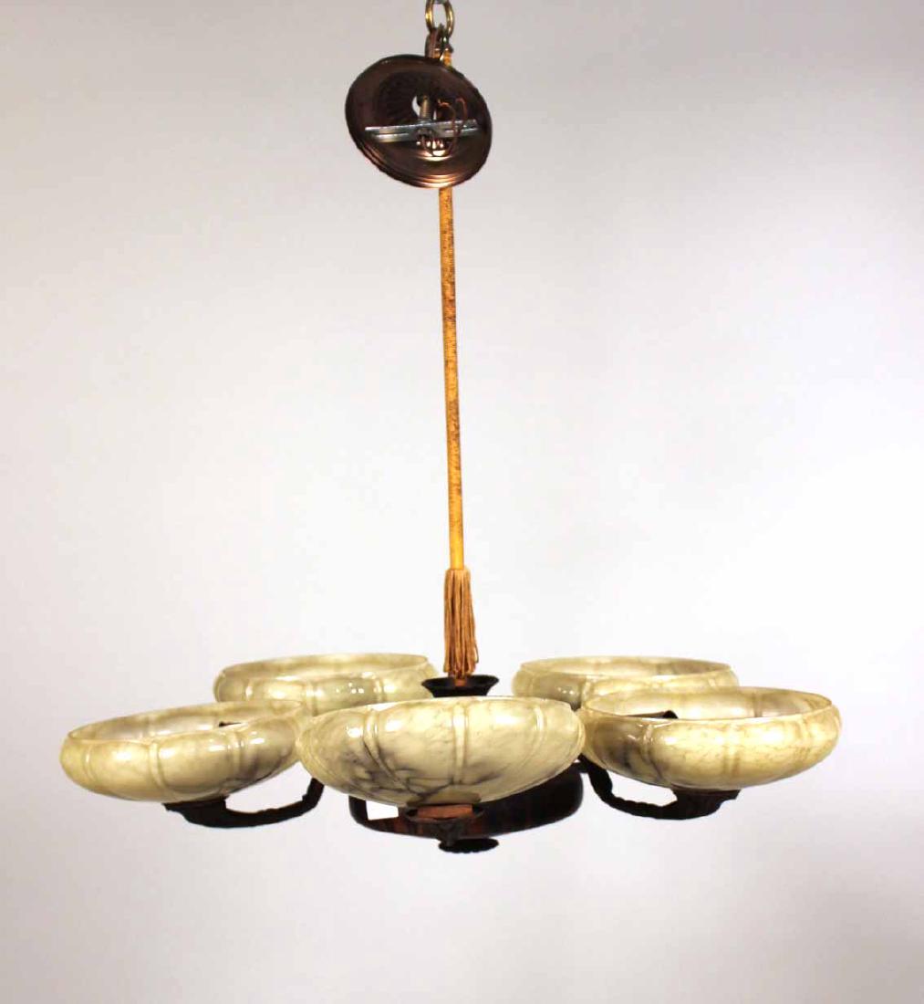 Art Deco Style Metal & Wood Five-Light Chandelier: 20th C., with yellow art glass shades. Apx. 30"h x 28"dia.