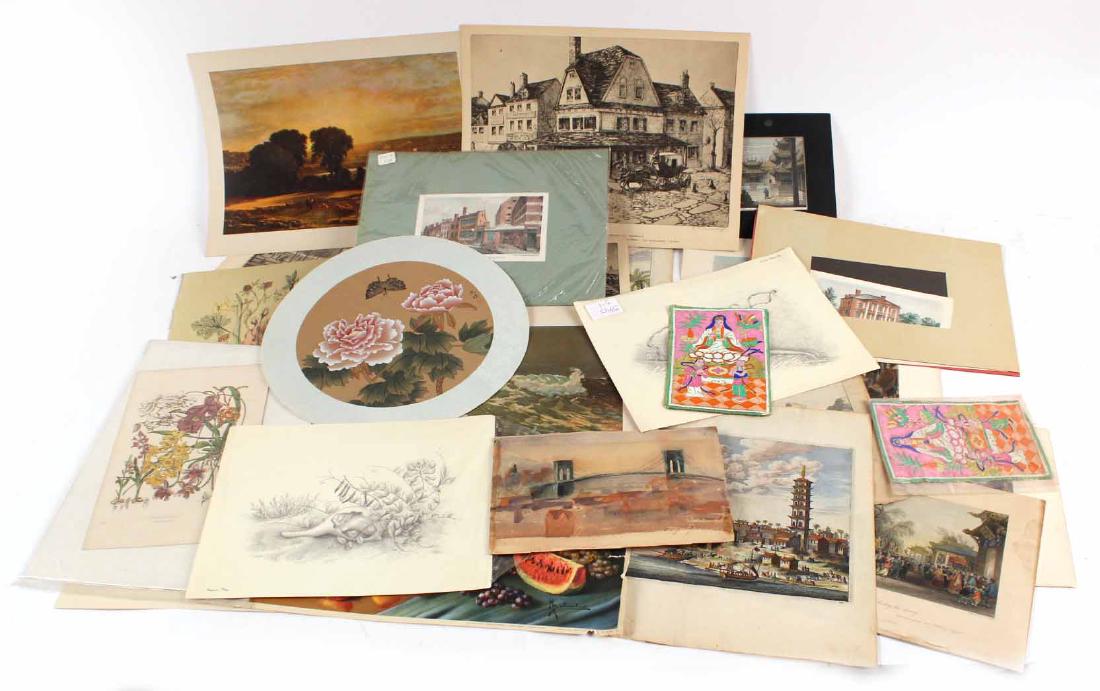 Portfolio of Chinese Prints: Including occupational prints, landscapes, seashells, English and American prints. Apx. 20 items 8"h x 11"w