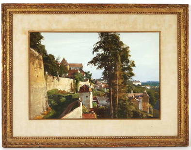 Watercolor, "Avallon," Ogden Minton Pleissner: (American, 1905-1983), signed l.r. "Pleissner," labeled verso. Sight size: 13-3/4"h x 20-1/2"w. Provenance: The Milch Galleries, New York, NY.