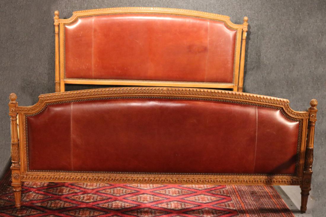 Louis XVI Style Carved Wood and Leather Bedstead: 20th C., king-sized. Apx. 40-1/2"h x 6'8-1/2"w